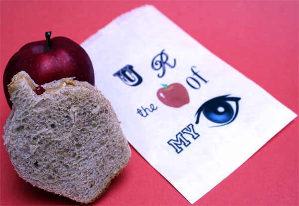 Apple shaped sandwich, an apple and a printed white sandwich bag 