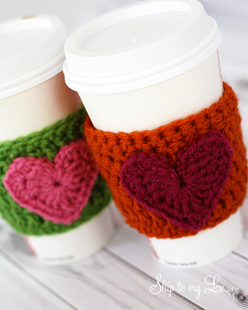 crochet heart coffee cozy