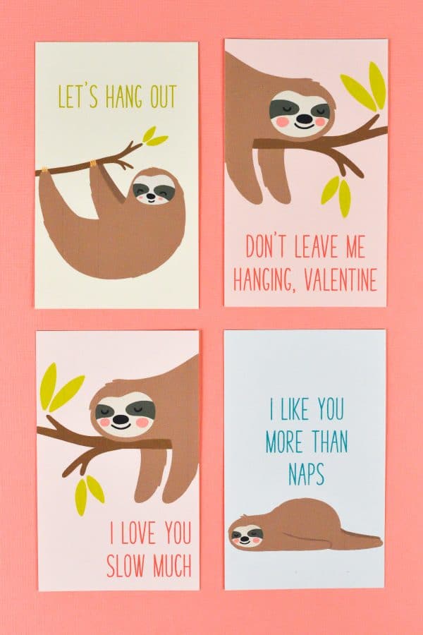 Four printable sloth printable valentine's day cards