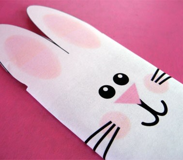 white bunny with pink inner ears, pink nose, and rosy cheeks with whiskers candy bar cover