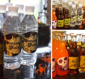 Printable spooky Halloween drink labels; labels included are swamp water, skulls, and witches brew