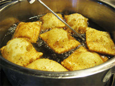 Fry ravioli at 325 degrees for 3 minutes.