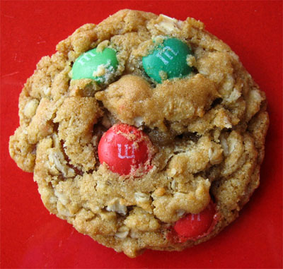 View of cooked cookie from top with red and green M&Ms