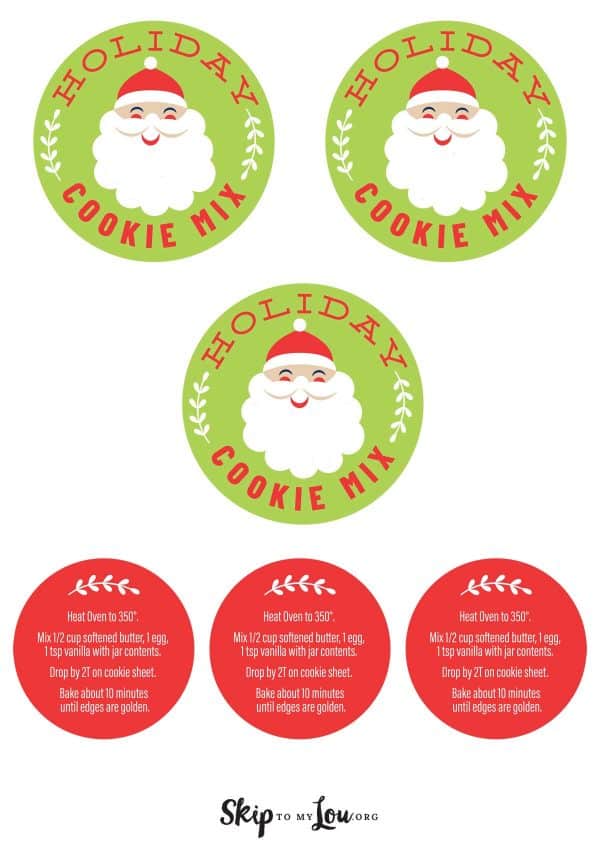Modern printable Santa labels Holiday Cookie Mix on a green label and Cooking instructions on a red label