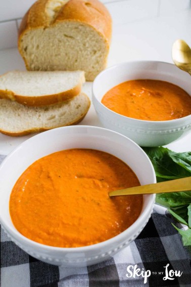 tomato soup in white bowl