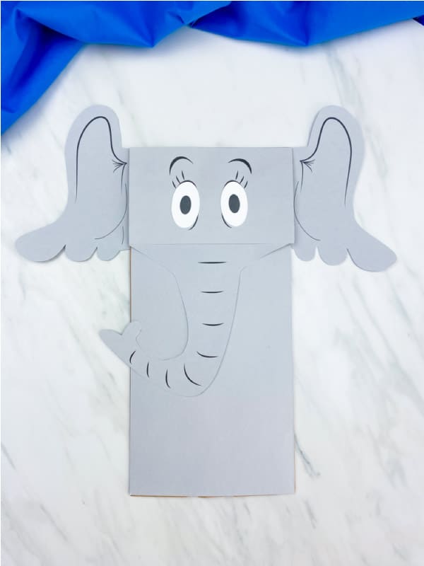 horton brown paper bag puppet, horton's face and body are free printables glued on to the paper bag