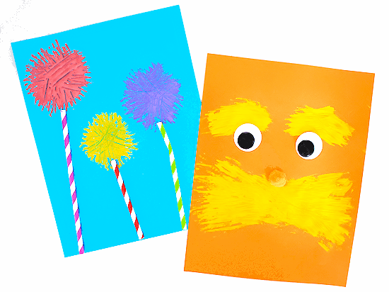 celebrate dr seuss with art - red, yellow and purple truffula flowers painted by a fork on blue construction paper; and the lorax face painted with a fork in yellow paint on orange construction paper