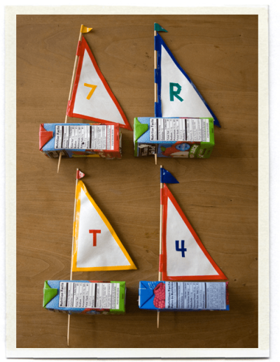 Four Juice Box Sailboats ready to sail