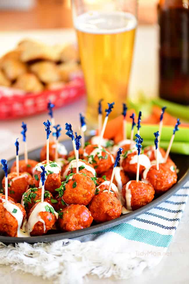 buffalo chicken meatballs on a platter