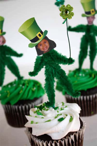 chenille leprechaun cupcake topper made with image of childs face
