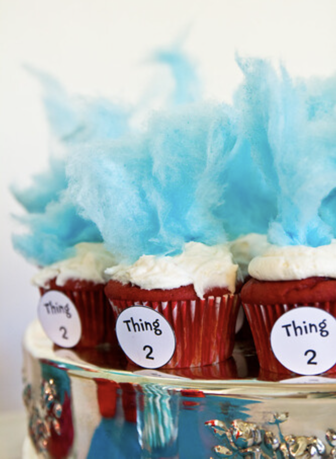 thing 1 thing 2 cupcakes , blue cotton candy on cupcake