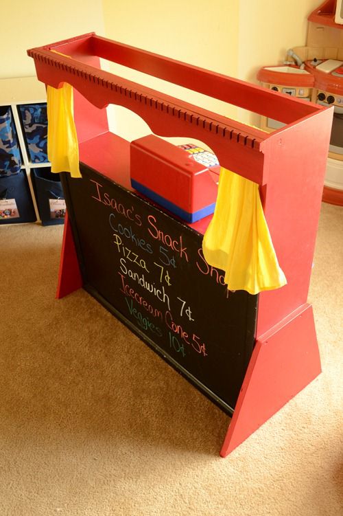 recycled bookcase into play snack shop
