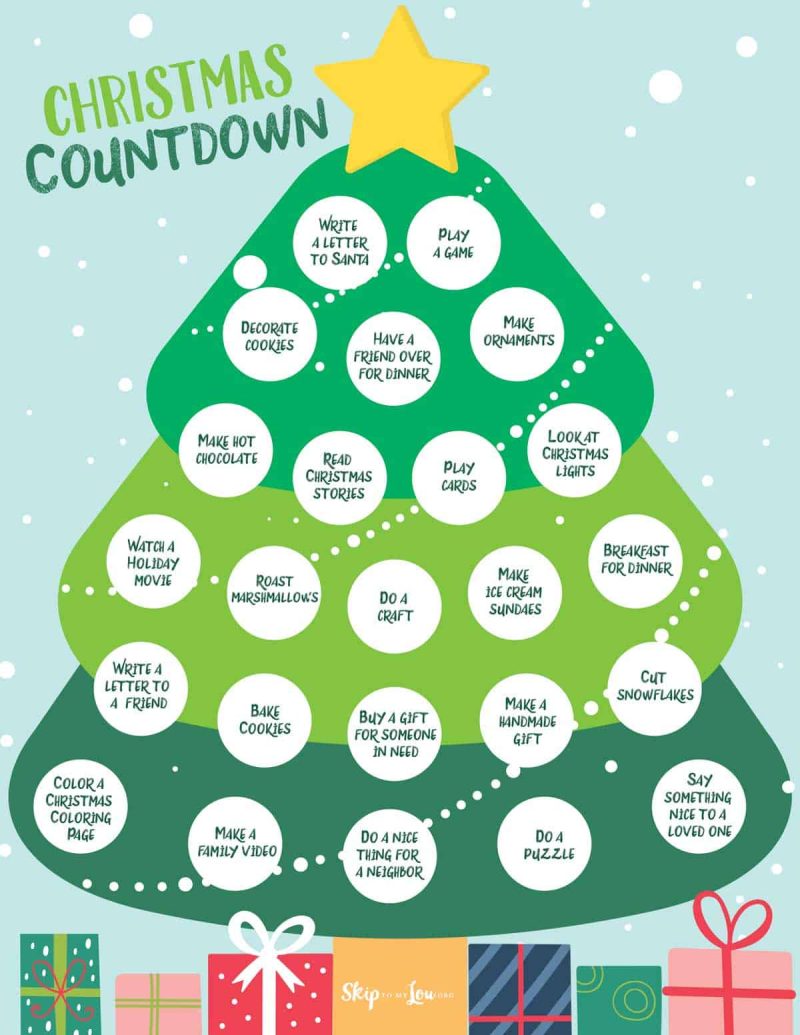 Printable Christmas countdown advent calendar over a blue background