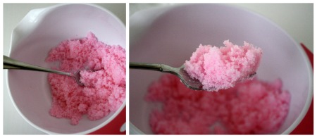 mixing sugar and food coloring in bowl
