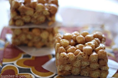 close up of peanut butter treats in glass pan