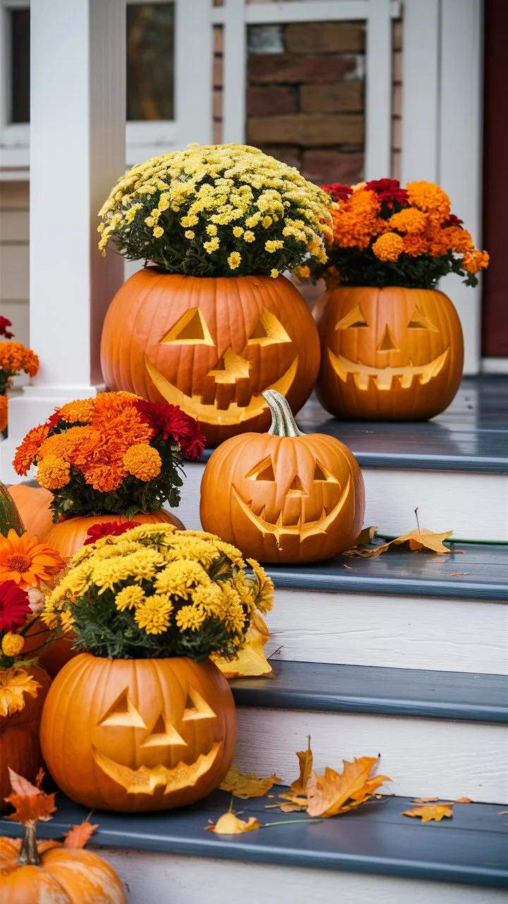 mums in carved pumpkins