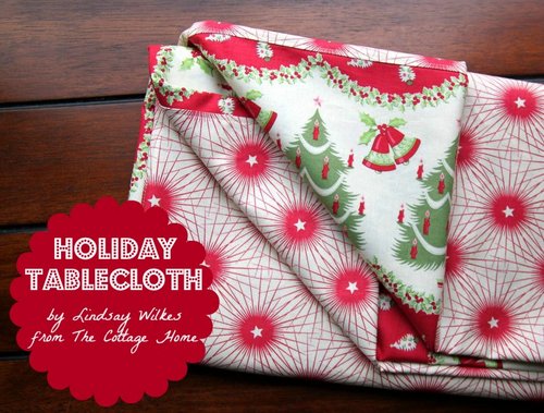 By Lindsay Wilkes from The Cottage Home. Completed tablecloth following the Holiday Tablecloth Tutorial with vintage Christmas fabric with bells, trees, and stars in red, green, and white. -Skip To My Lou