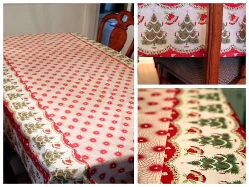 Finished Holiday Tablecloth displayed in three photos on a dinning table. Center is vintage burst of red stars and sides are vintage Christmas trees with red candles and Christmas bells. -Skip To My Lou