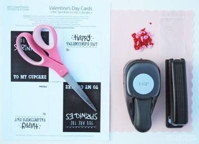 Sprinkles to my Cupcake Valentine's card supplies: card printable, scissors, 1.5 circle punch and sprinkles