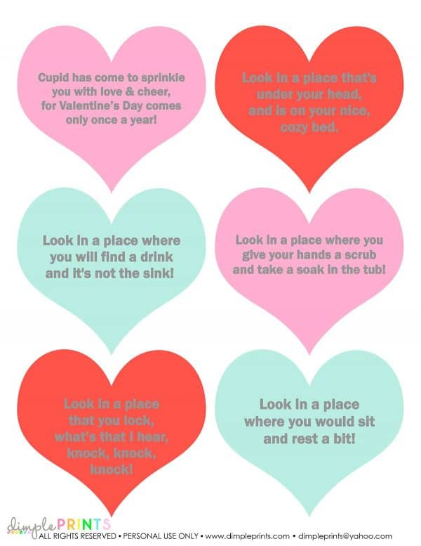 colorful scavenger hunt hearts on white paper