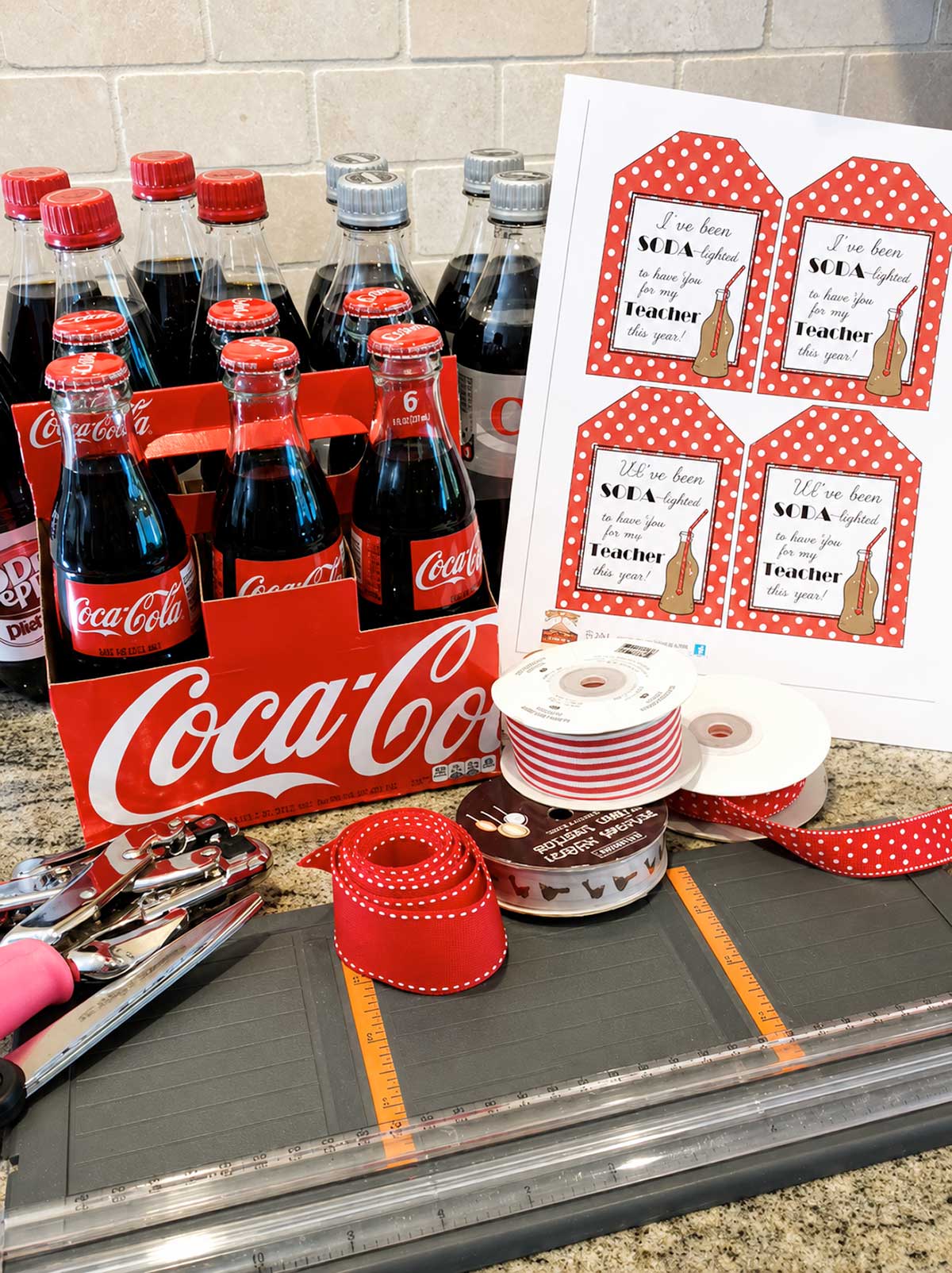 soda teacher gift supplies soda and free printable tags and ribbon
