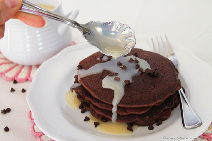 Chocolate Chocolate Chip Pancakes by www.whatscookingwithruthie.com