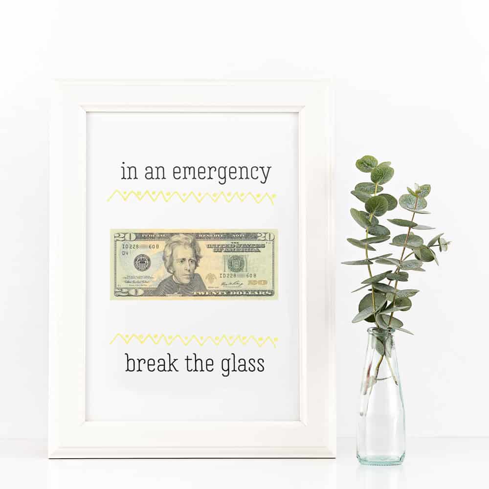 money in frame says in case of an emergency greens in clear vase beside