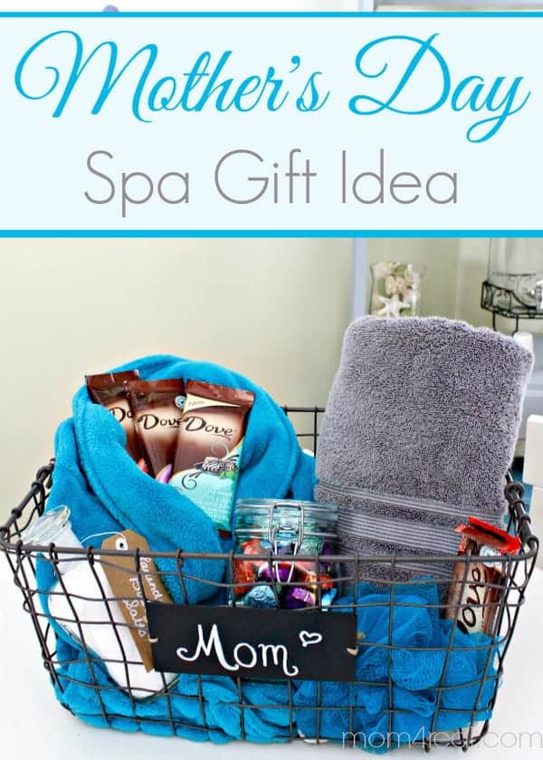 beautiful mother's day gift idea - mother's day spa gift basket idea, the basket is a wire basket with a plaque that says mom attached and is filled with towels, lotion, chocolates, and scrubbies