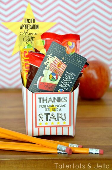 move theme teacher gift printable striped fry box filled with candy and movie gift card