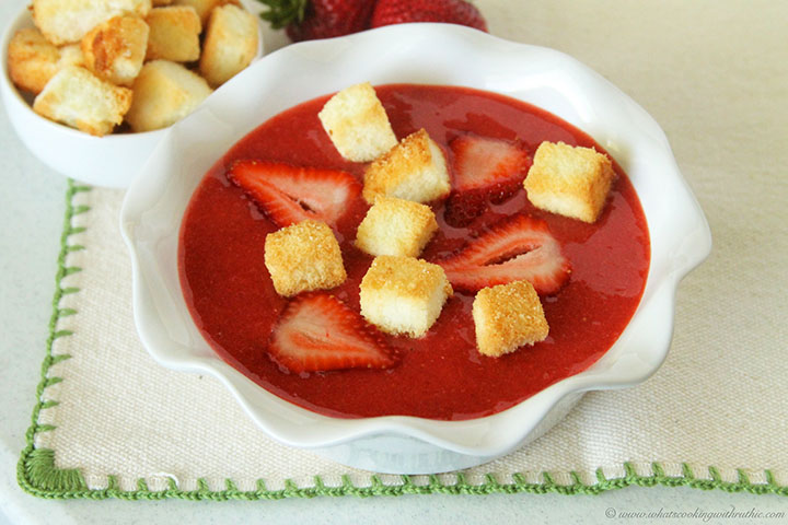 Strawberry Soup with Angel Food Cake Croutons by www.whatscookingwithruthie.com 