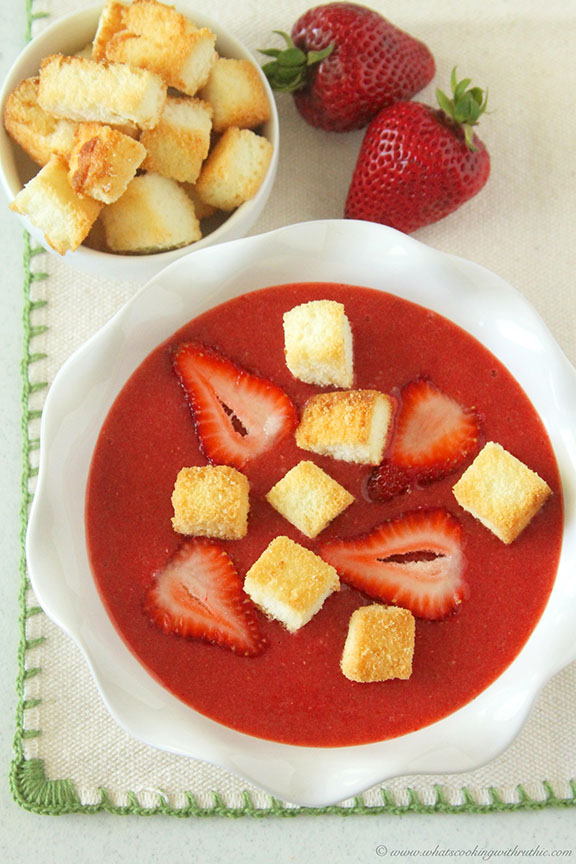 Strawberry Soup with Angel Food Cake Croutons by www.whatscookingwithruthie.com 