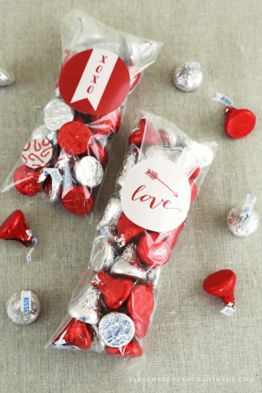love stickers on celo bags filled with hershey kisses