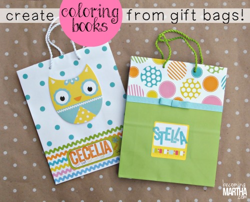 Create a custom coloring book from a gift bag with this simple and crafty upcycle! Two gift bags with child's name on .