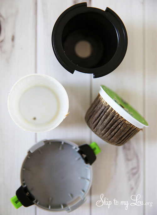 recycle a cup opened with the cut K-Cup pulled out with the bottom separated so the coffee and paper can be put in compost and the plastic recyled.