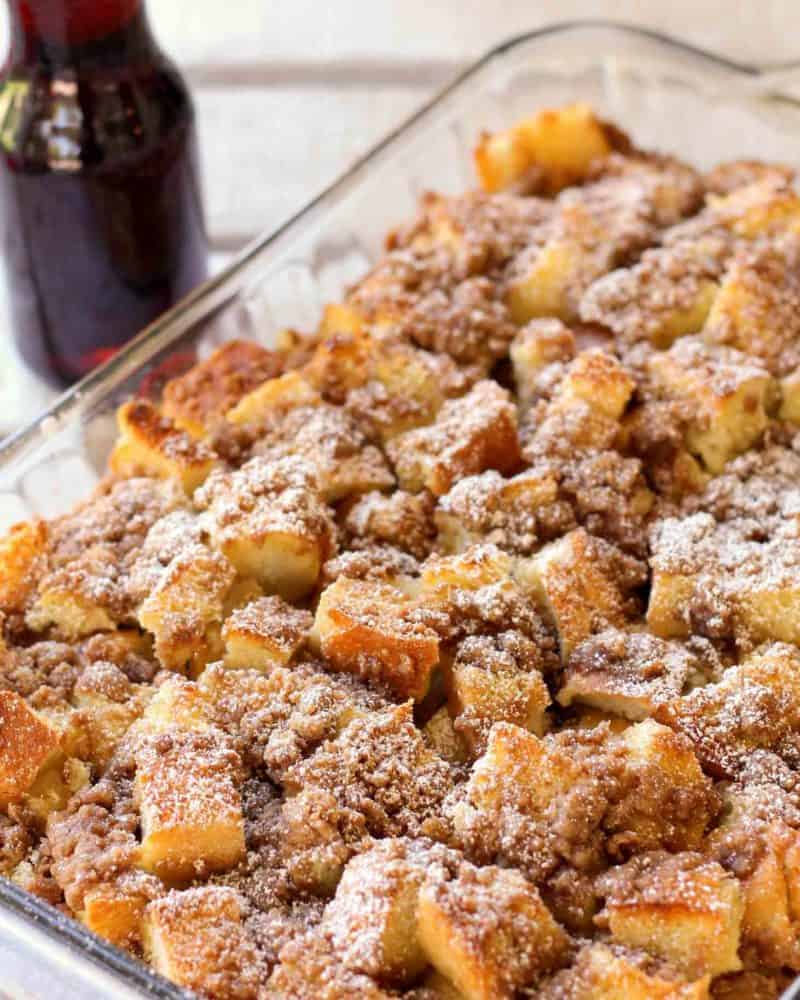 french toast casserole in glass pan