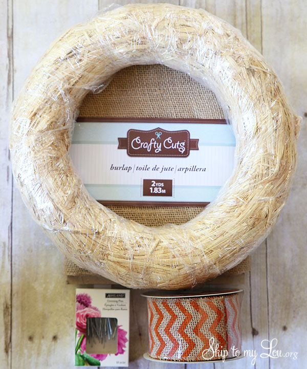 straw wreath form, chevron burlap ribbon, burlap, greenery pins