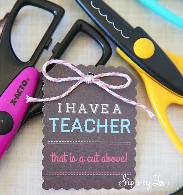 I have a teacher that is a cut above tag attached to a pair of scissors