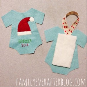 Front and backside of felt onesie ornament with interfacing and ribbon on the back piece.