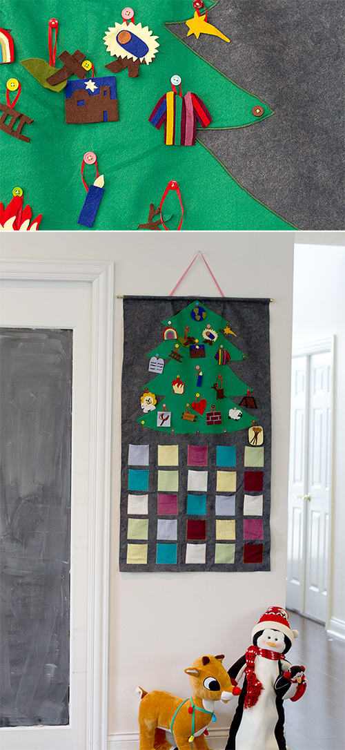 Felt advent calendar tutorial by AndreasNotebook.com Close up of felt ornaments on Christmas tree. Ornaments are hung on buttons by red ribbons. Second photo shows full Advent Calendar. Dark grey felt background, green Christmas tree, ornaments hung on tree different colored felt pocks sewn on for the days leading up to Christmas. -Skip To My Lou