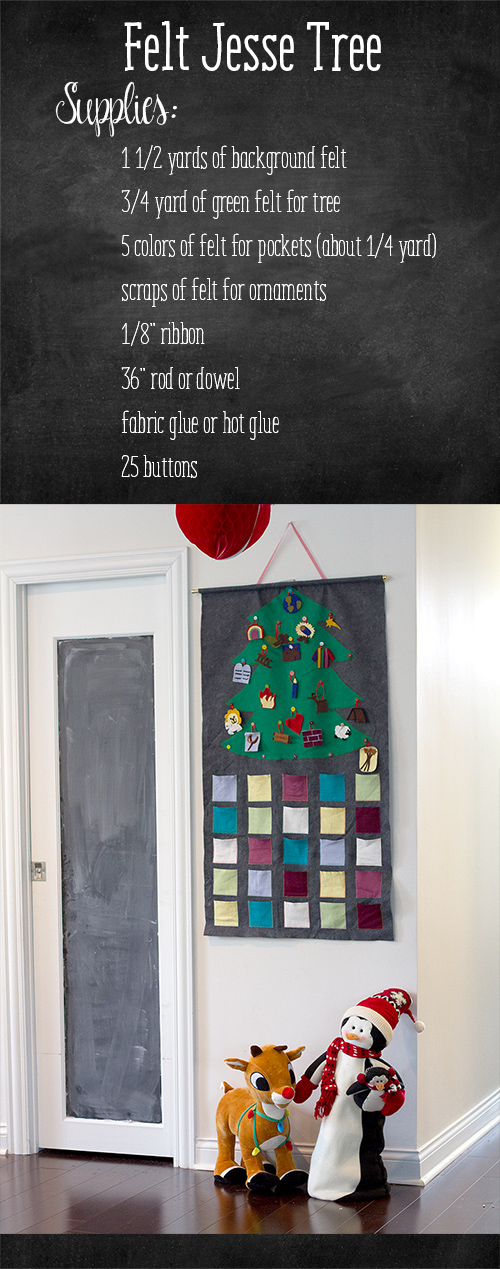Felt advent calendar tutorial by AndreasNotebook.com Text: Felt Jesse Tree supplies:  1 1/2 yards of background felt, 3/4 yard of green felt for tree, 5 colors of felt for pockets (about 1/4 yard), scraps of felt for ornaments, 1/8" ribbon, 36"d rod or dowel, fabric glue or hot glue. Photo of completed Advent Calendar. -Skip To My Lou