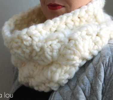 chunky white cowl scarf on lady skip to my lou