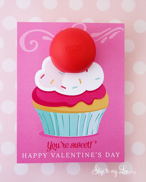 Happy Valentines Day card with a cupcake and the EOS lip balm is the cherry on top.,