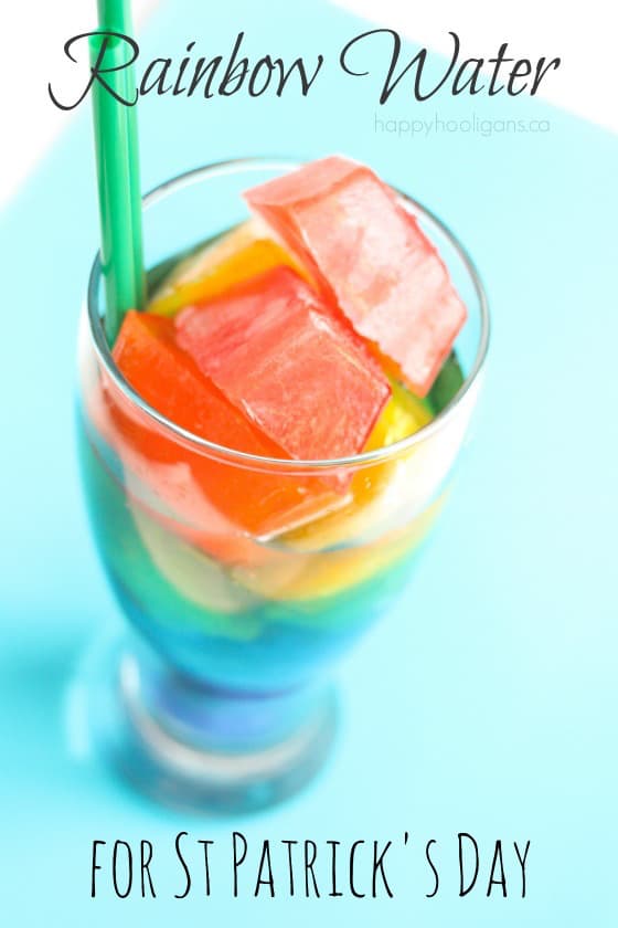 rainbow ice cubes in glass