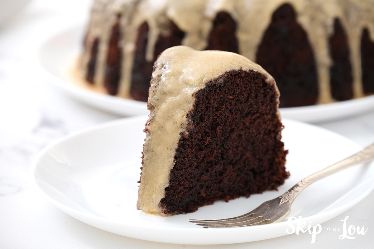 slice of kahlua bundt cake on white plate