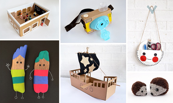 crafts for kids, recycled crafts, pom poms, cardboard pirate ship, nature crafts, stick dolls, shoebox crafts, pretend pla