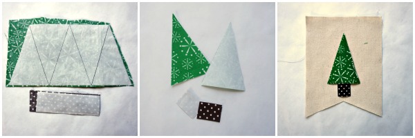 Collage of 3 photos. First one shows heat bond on the green fabric to cut out for the Christmas trees. Second is the trees and stump cut out with bonding on back. Third photo is the tree and stump on the canvas banner.