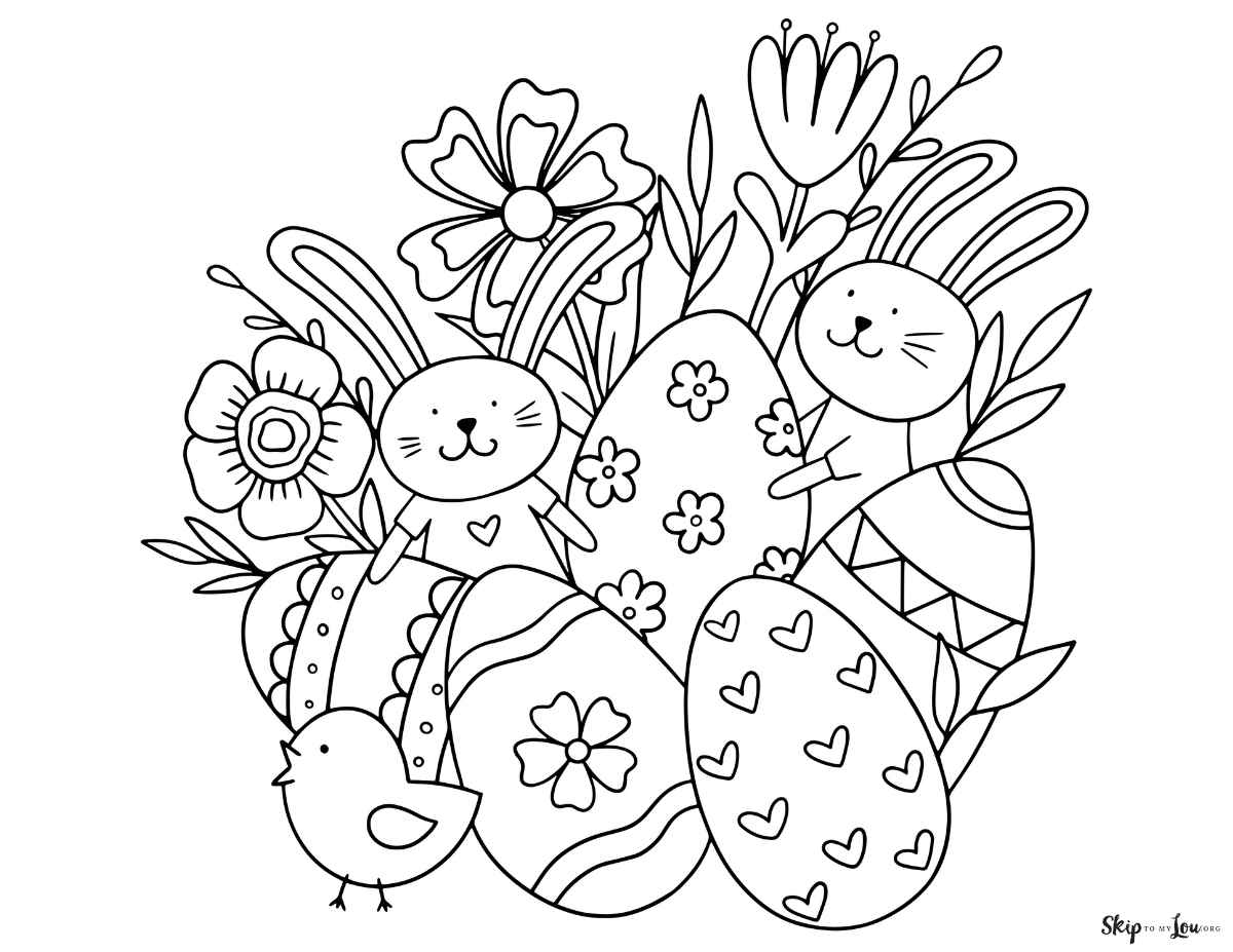 cute bunnies with eggs and flowers