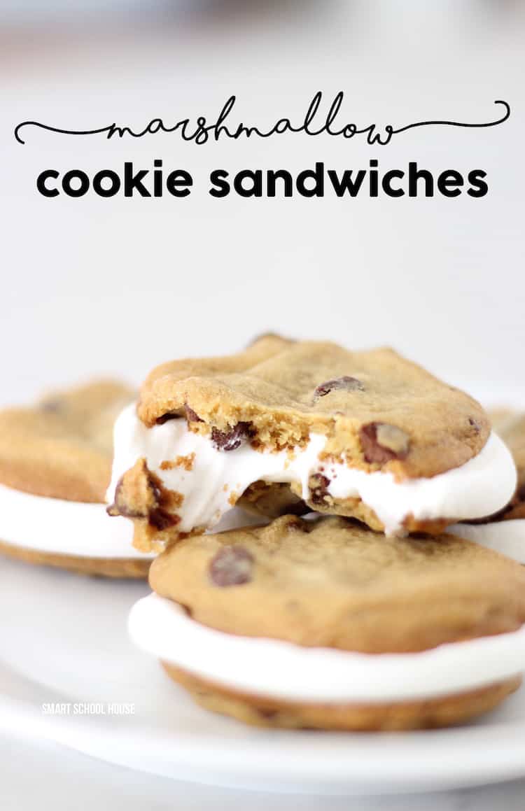 Marshmallow cookie sandwiches - softy gooey marshmallows in between 2 warm chocolate chip cookies. 