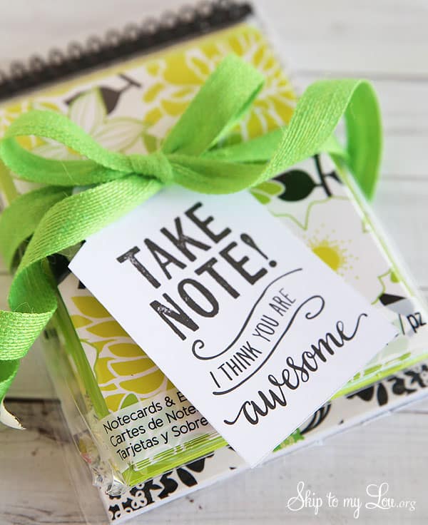 yellow, white and spring green note cards and envelopes package in clear plastic bag with a printable tag that says, "take a note i think you are awesome" attached with a spring green ribbon