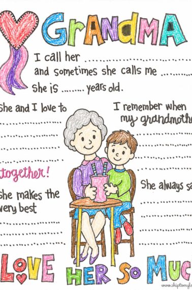 Grandma coloring page colored with crayons by a child with fill in the blank prompts and a sweet grandma and grandchild picture